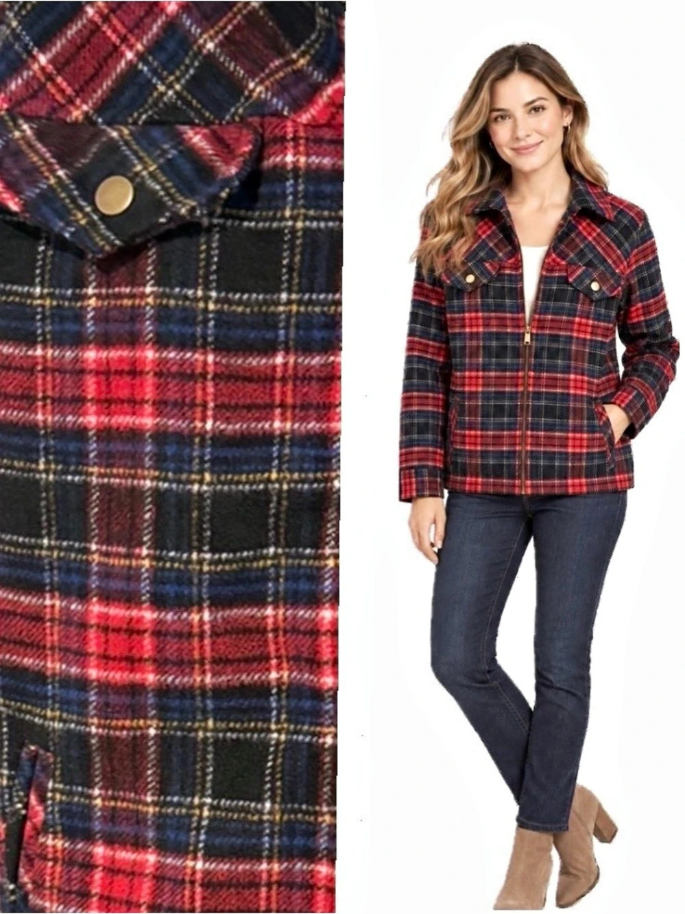 Christopher & Banks , Holiday Plaid Utility Jacket in Red & Black, Size Medium